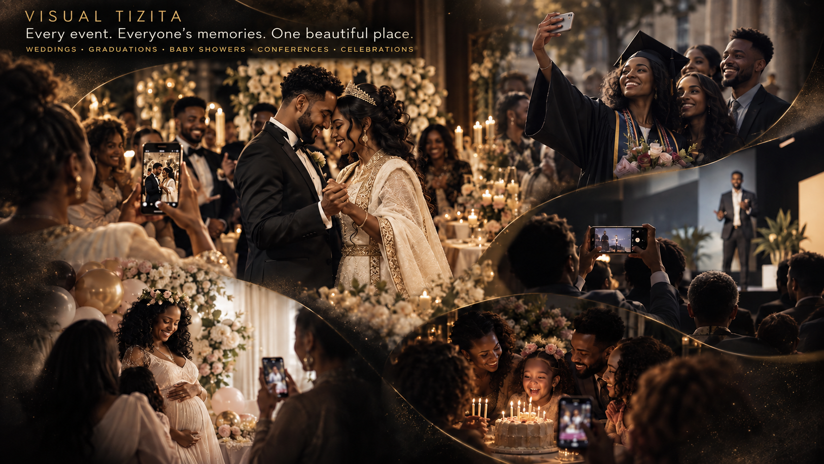 Visual Tizita event companion across weddings, graduations, baby showers, conferences, and celebrations